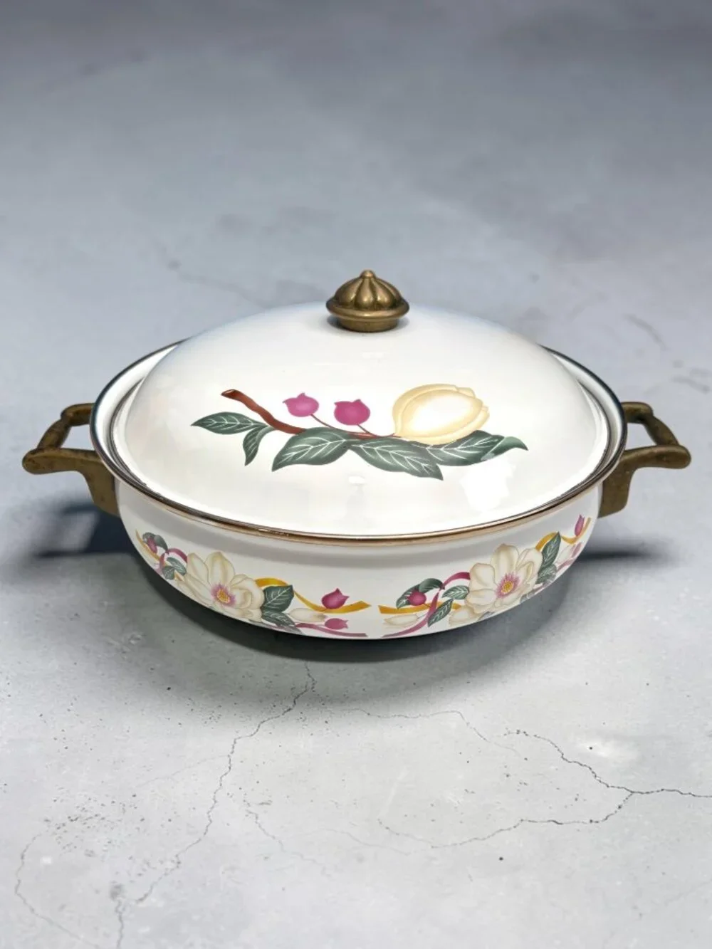 Vintage Floral Ceramic Casserole Dish With Lid & Brass Handles Hand-Painted Desi